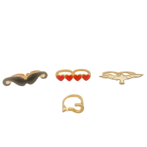 set of 4 fashion rings Gold Acrylic Paint Moustache Heart Wings Question Mark - Picture 3 of 4
